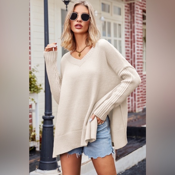 V-Neck Dropped Shoulder Ribbed Long Sleeve Sweater - Picture 3 of 5